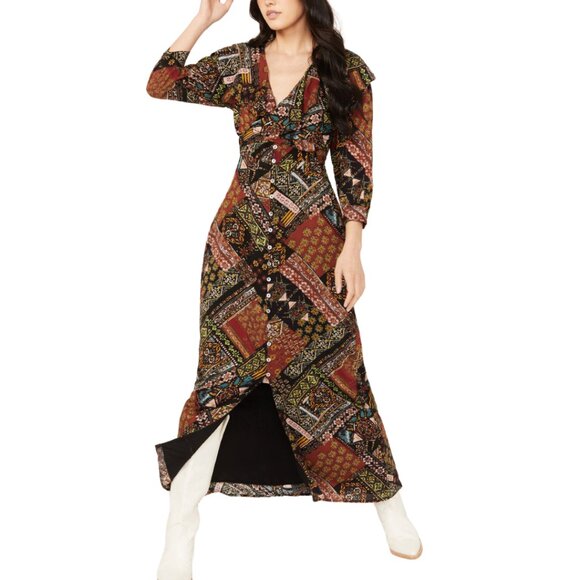 Free People sz M Women's Boho Patchwork Maxi Dress Long Sleeve Button Front 70s - Picture 1 of 16